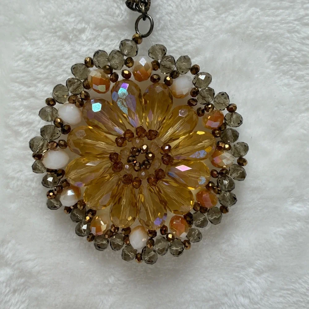 Amber Glass‎ Bead Sunburst Pendant Necklace Bronze Tone Long Boho Statement